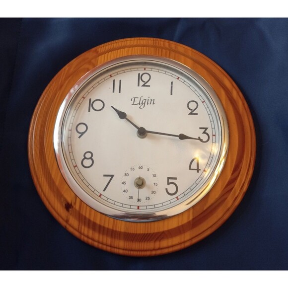 Elgin Wood 11.5"  Round Wall Clock Wood Frame Second Hand Clock Inset - Picture 3 of 4